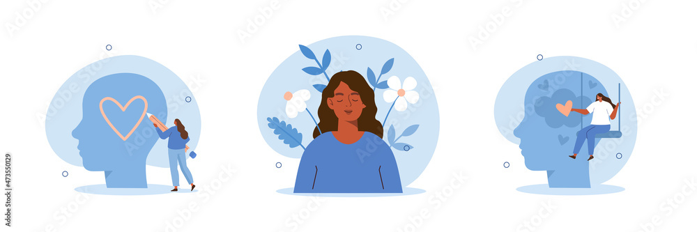 Healthy mentality and self care illustration set. Happy woman feel confident, relax, accept and love herself. Selfcare and acceptance concept. Vector illustration. - obrazy, fototapety, plakaty 