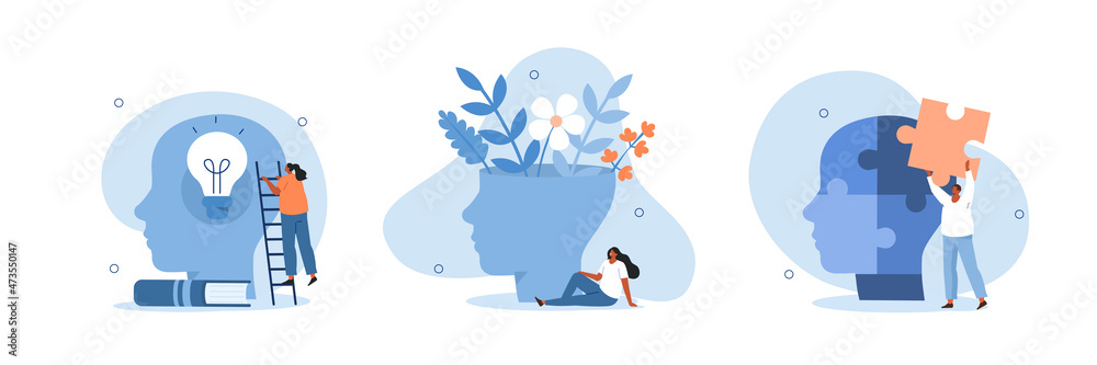 Mental hygiene and self development illustration set. Characters with healthy mentality relaxing, self-learning and easily solving problems. Psychotherapy concept. Vector illustration. - obrazy, fototapety, plakaty 