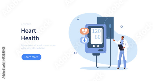 Heart disease screening and diagnostic concept. Doctor examine patients blood pressure to prevent cardiological illness. Vector illustration.