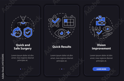 Pros of laser eye surgery black onboarding mobile app page screen. Treatment walkthrough 3 steps graphic instructions with concepts. UI, UX, GUI vector template with linear night mode illustrations
