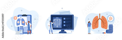 Lung disease illustration set. Doctor examining patient chest x-ray and diagnosing infection in respiratory system. Patient suffer from asthma. Healthcare and medicine concept. Vector illustration.