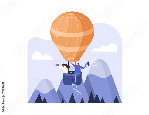 Business research scene. Characters flying on air balloon and searching new ideas, opportunity or team employee. Searching, hiring and exploration concept. Vector illustration.