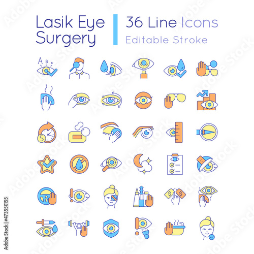 Laser eye surgery RGB color icons set. Preparation before eye operation. Vision improvement after procedure. Isolated vector illustrations. Simple filled line drawings collection. Editable stroke