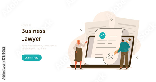 Law and justice scene. Character having consultation with lawyer and singing legal contract. Legal advice concept. Vector illustration.