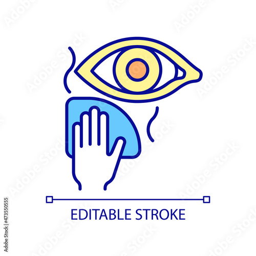 Warm compress for eye RGB color icon. Clean around eyes before operation. Implementing recommendations. Place a hot compress. Isolated vector illustration. Simple filled line drawing. Editable stroke