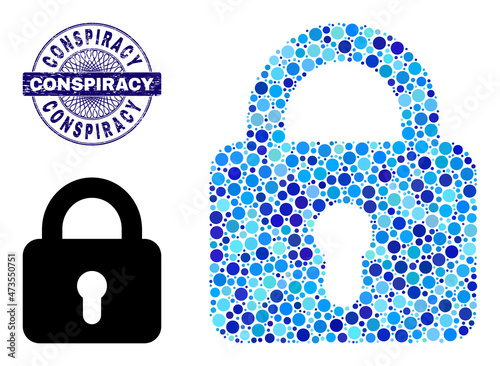 Round dot combination lock icon and CONSPIRACY round unclean stamp seal. Blue seal includes CONSPIRACY text inside circle and guilloche decoration. Vector mosaic is based on lock icon,