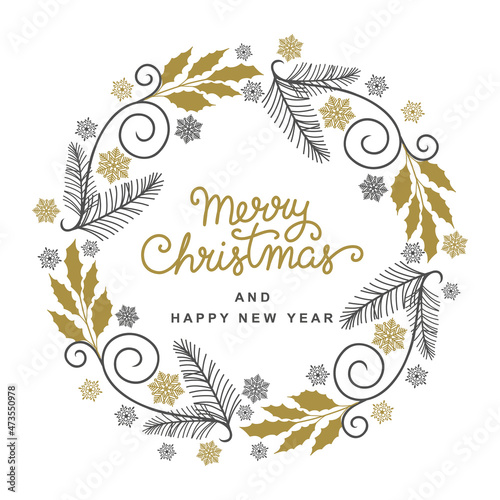 Merry Christmas greeting text and  wreath circle made of branches of fir leaves and snowflakes. Vector frame illustration isolated on white background