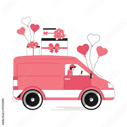 Flower bouquets and gifts delivery by car. Holiday delivery. Flat cartoon style.