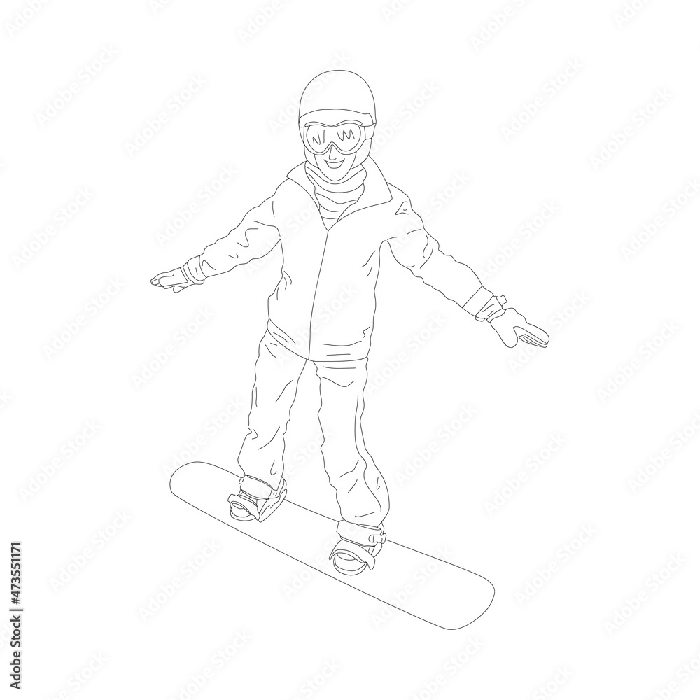 Snowboarder isolated on white background. Monochrome illustration..