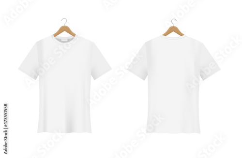 White T-shirt Mockup hanging on a wooden hanger. Vector realistic template. Front and back view. Unisex collection. Blank fashion design. EPS10.