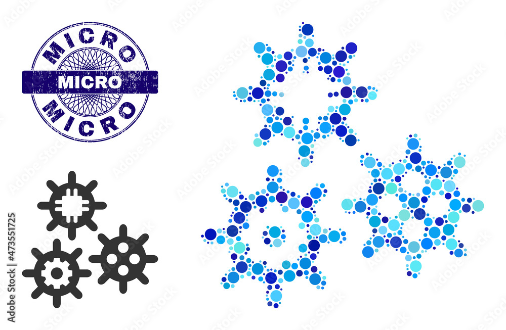 Circle mosaic micro mechanics icon and MICRO round textured stamp. Blue stamp seal includes MICRO tag inside circle and guilloche structure. Vector mosaic is based on micro mechanics icon, Circle mosaic micro mechanics icon and MICRO round textured stamp. Blue stamp seal includes MICRO tag inside circle and guilloche structure. Vector mosaic is based on micro mechanics icon,
