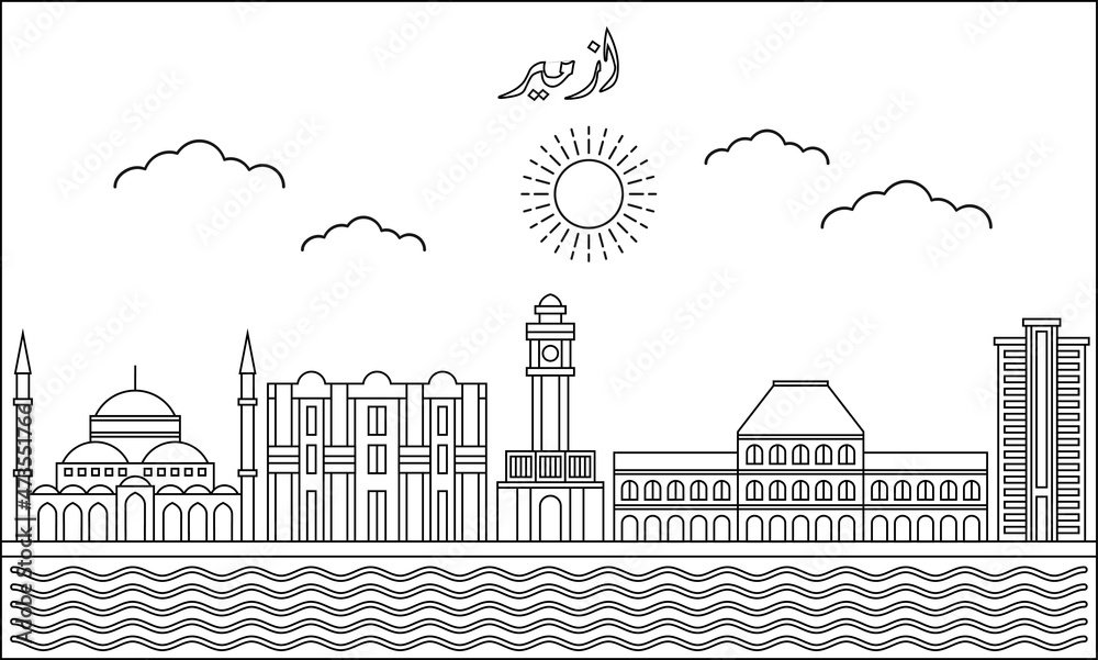 Izmir skyline with line art style vector illustration. Modern city design vector. Arabic translate : Izmir 