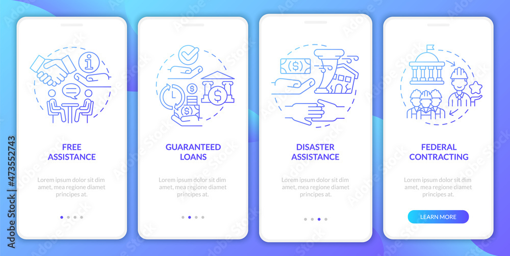 Government assistance for business onboarding mobile app page screen. Project walkthrough 4 steps graphic instructions with concepts. UI, UX, GUI vector template with linear color illustrations