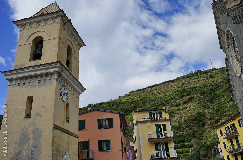 Bell tower of the church of San Lorenzo martire in Manarola, Cinque Terre, Italy