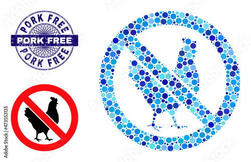Circle composition no chicken icon and PORK FREE round dirty stamp. Blue stamp seal includes PORK FREE text inside circle and guilloche ornament. Vector collage is based on no chicken icon,