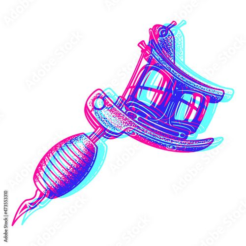 tattoo machine with overprint effects on white background Design element for logo, poster, card, banner, emblem, t shirt. Vector illustration.