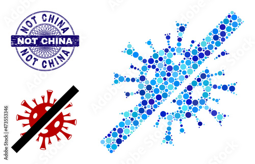 Round dot collage no coronavirus icon and NOT CHINA round corroded stamp seal. Violet stamp seal includes NOT CHINA text inside circle and guilloche ornament.