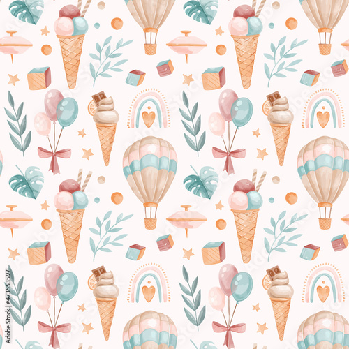 Vector watercolor childish pattern with toys and leaves