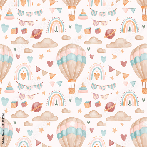 Vector watercolor childish seamless pattern with toys and leaves