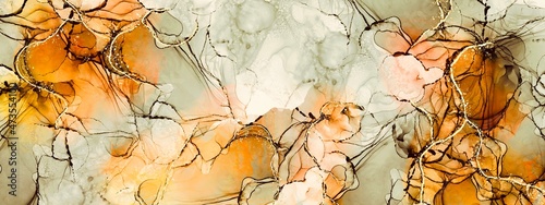 Organic background concept, modern alcohol ink painting with earth tones, watercolour drawing with warm accent, liquid texture, luxury gold design veins, abstract wallpaper for print