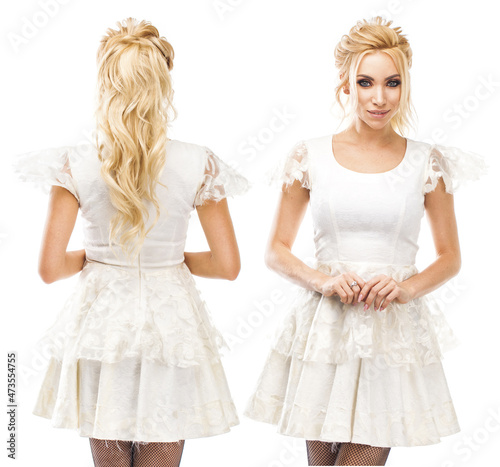 front and back views - young beautiful women in white dress