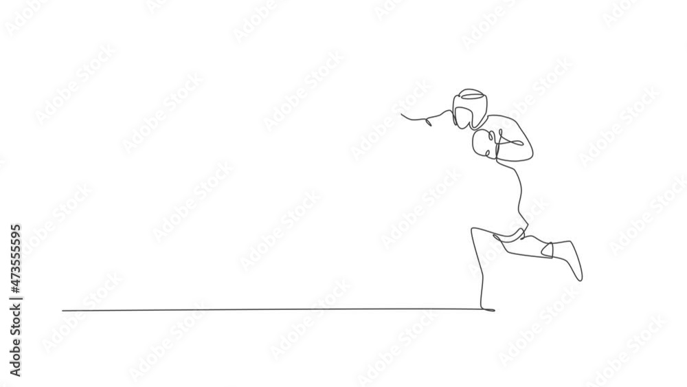 Animated self drawing of one continuous line draw young sporty man boxer practice his hook punch. Competitive combat sport concept. Full length single line animation for boxing match promotion poster Animated self drawing of one continuous line draw young sporty man boxer practice his hook punch. Competitive combat sport concept. Full length single line animation for boxing match promotion poster