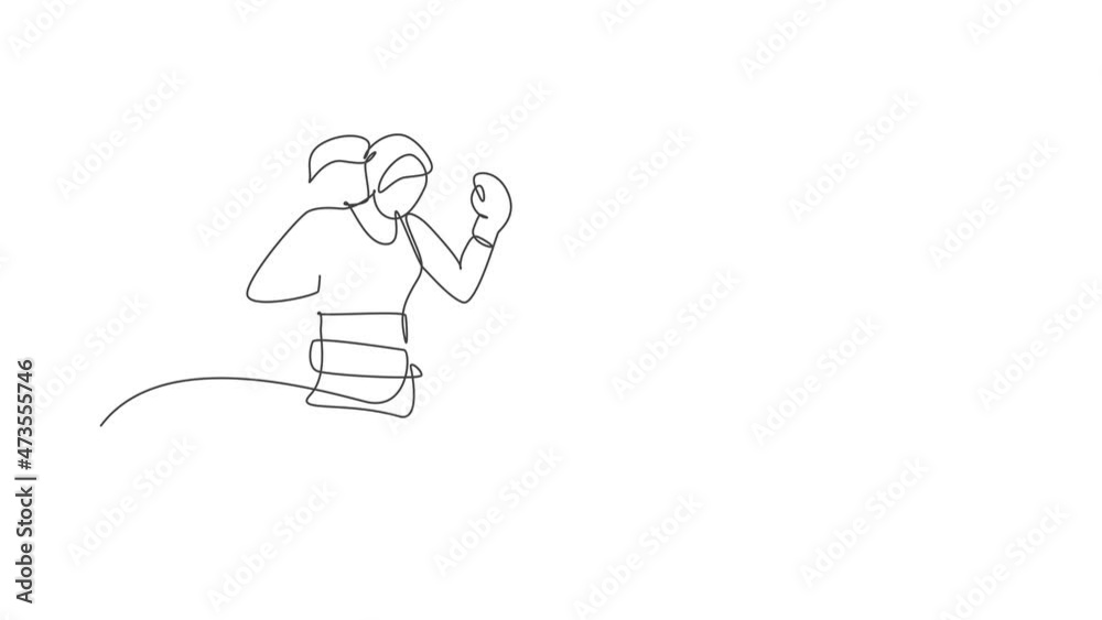 Animated self drawing of single continuous line draw young agile woman boxer ready to fight with rival. Fair combative sport concept. Full length one line animation for boxing game promotion media. Animated self drawing of single continuous line draw young agile woman boxer ready to fight with rival. Fair combative sport concept. Full length one line animation for boxing game promotion media.