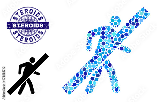 Circle mosaic no walking man icon and STEROIDS round scratched stamp imitation. Blue stamp includes STEROIDS tag inside circle and guilloche structure. Vector mosaic is based on no walking man symbol,