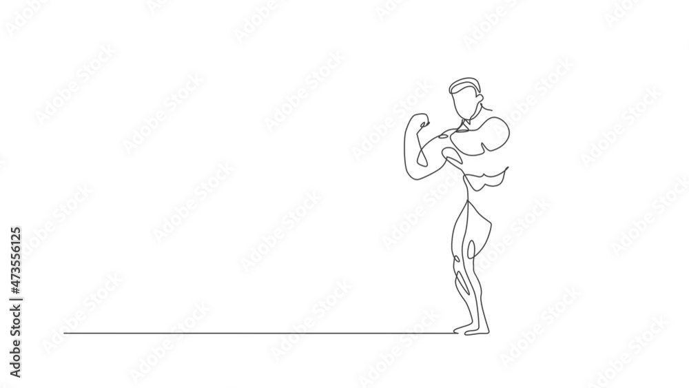 Animated self drawing of one continuous line draw young strong model man bodybuilder pose. Fitness center gym logo concept. Full length single line animation for bodybuilding competition contest. Animated self drawing of one continuous line draw young strong model man bodybuilder pose. Fitness center gym logo concept. Full length single line animation for bodybuilding competition contest.