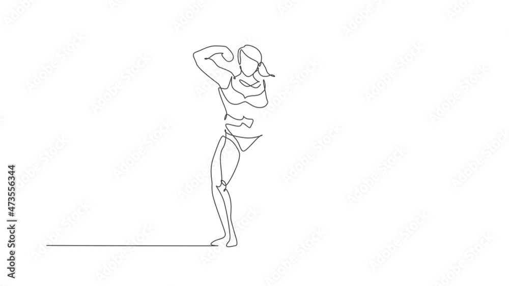 Animated self drawing of one continuous line draw young strong model woman bodybuilder pose confidently. Fitness center gym logo concept. Full length single line animation for bodybuilding contest. Animated self drawing of one continuous line draw young strong model woman bodybuilder pose confidently. Fitness center gym logo concept. Full length single line animation for bodybuilding contest.