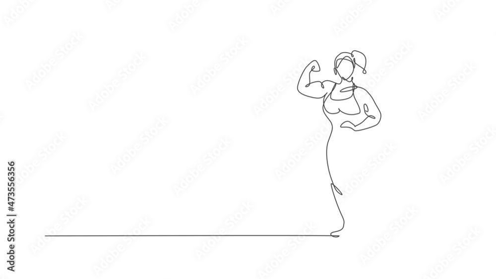 Animated self drawing of single continuous line draw young muscular model woman bodybuilder posing elegantly. Fitness gym logo. Full length one line animation for bodybuilding icon and symbol template Animated self drawing of single continuous line draw young muscular model woman bodybuilder posing elegantly. Fitness gym logo. Full length one line animation for bodybuilding icon and symbol template