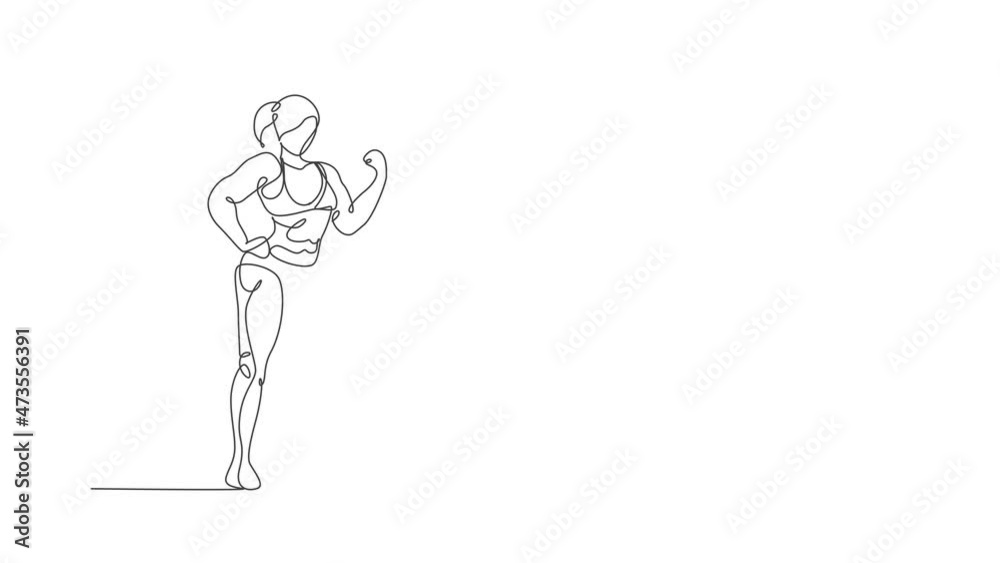 Animated self drawing of one continuous line draw young strong model woman bodybuilder posed. Fitness center gym logo concept. Full length single line animation for bodybuilding competition contest. Animated self drawing of one continuous line draw young strong model woman bodybuilder posed. Fitness center gym logo concept. Full length single line animation for bodybuilding competition contest.