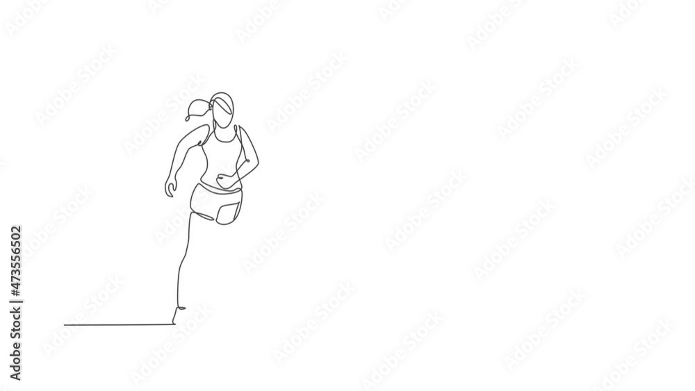 Animated self drawing of single continuous line draw young agile woman runner hobby to run relax and calm. Healthy sport action concept. Full length one line animation for running race promotion. Animated self drawing of single continuous line draw young agile woman runner hobby to run relax and calm. Healthy sport action concept. Full length one line animation for running race promotion.