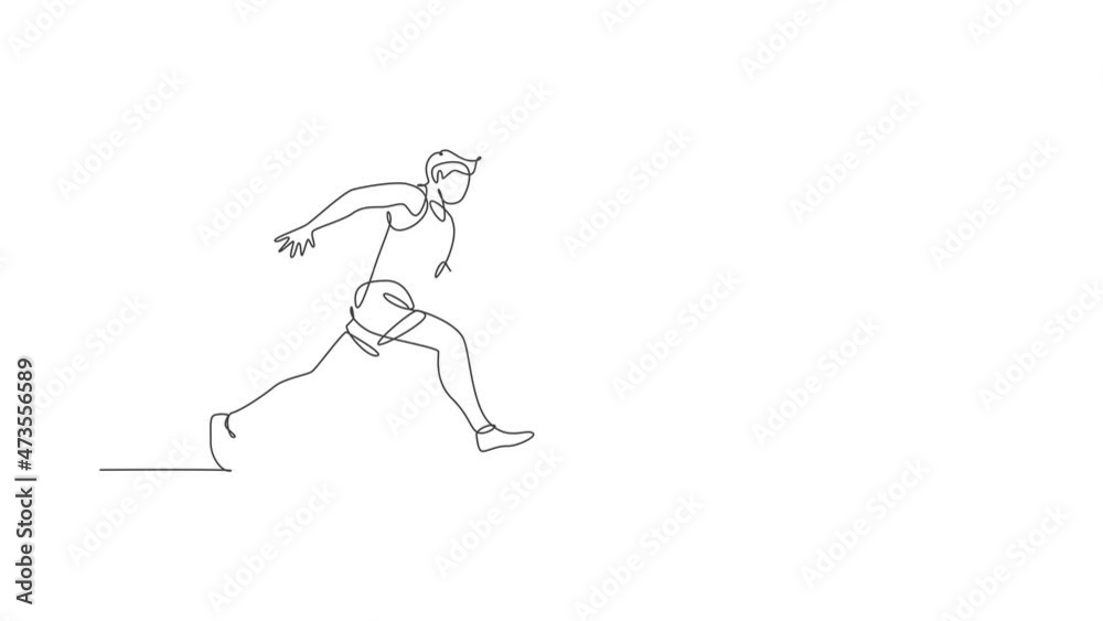 Animated self drawing of continuous line draw young sporty man runner focus running on run track. Health activity sport concept. Full length single line animation for running event promotion poster. Animated self drawing of continuous line draw young sporty man runner focus running on run track. Health activity sport concept. Full length single line animation for running event promotion poster.