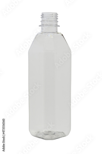 Empty open bottle for water and drinks made of transparent plastic. Isolated on a white background