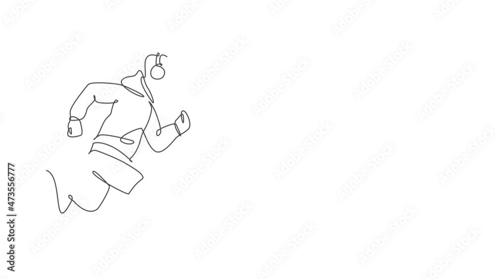Animated self drawing of one continuous line draw young sporty man runner focus run while listening music. Health activity sport concept. Full length single line animation for running event poster. Animated self drawing of one continuous line draw young sporty man runner focus run while listening music. Health activity sport concept. Full length single line animation for running event poster.