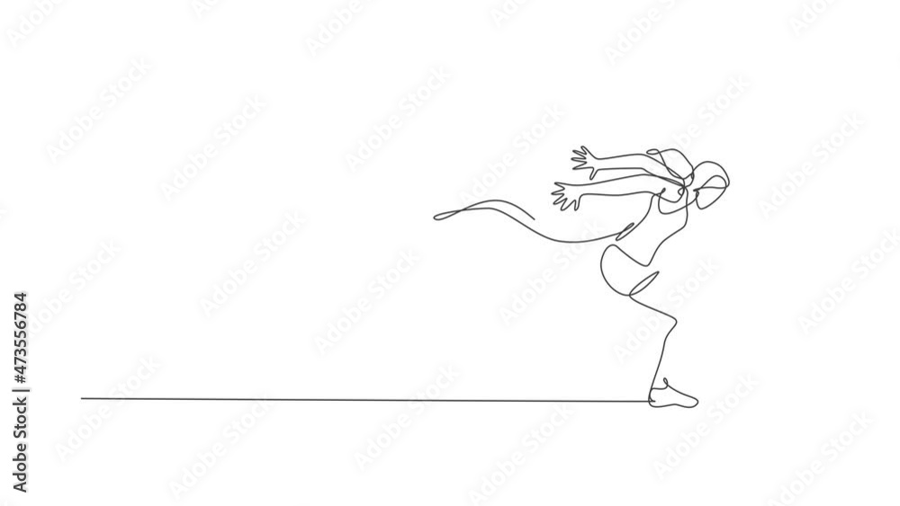 Animation of one line drawing of energetic woman runner crosses finish line and break the tap. Healthy sport concept. Continuous line self draw animated for running race banner. Full length motion. Animation of one line drawing of energetic woman runner crosses finish line and break the tap. Healthy sport concept. Continuous line self draw animated for running race banner. Full length motion.
