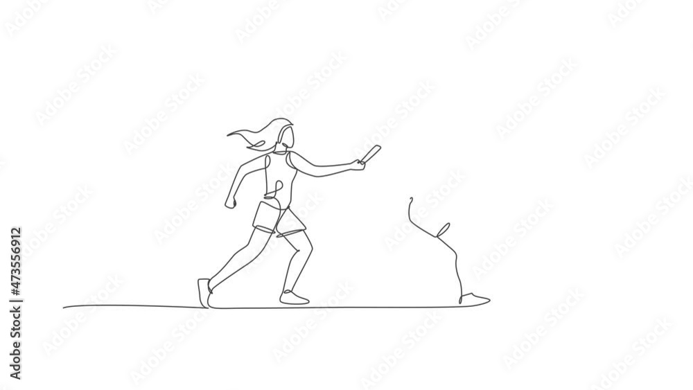 Animated self drawing of one continuous line draw young sporty runner women pass baton stick at run race event. Healthy lifestyle and fun jogging sport concept. Full length single line animation. Animated self drawing of one continuous line draw young sporty runner women pass baton stick at run race event. Healthy lifestyle and fun jogging sport concept. Full length single line animation.