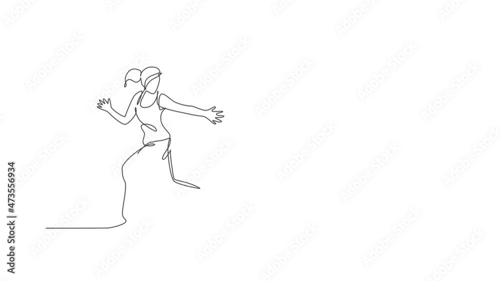 Animation of one line drawing of young happy runner woman exercise to receive baton stick. Healthy lifestyle and competitive sport concept. Continuous line self draw animated. Full length motion. Animation of one line drawing of young happy runner woman exercise to receive baton stick. Healthy lifestyle and competitive sport concept. Continuous line self draw animated. Full length motion.