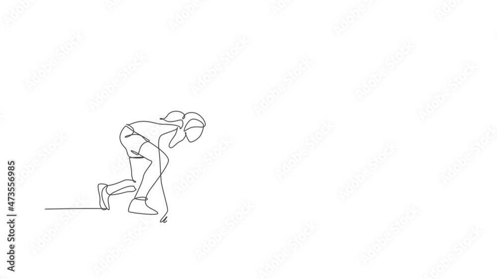 Animation of one single line drawing of young happy runner woman ready at start pole position. Healthy lifestyle and competitive sport concept. Continuous line self draw animated. Full length motion. Animation of one single line drawing of young happy runner woman ready at start pole position. Healthy lifestyle and competitive sport concept. Continuous line self draw animated. Full length motion.