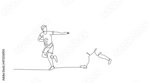 Animation of one line drawing young happy runner man pass baton stick to his teammate at race. Healthy lifestyle and competitive sport concept. Continuous line self draw animated. Full length motion.