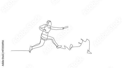 Animated self drawing of one continuous line draw young sporty runner man pass baton stick to his team mate. Healthy lifestyle and fun jogging sport concept. Full length single line animation.