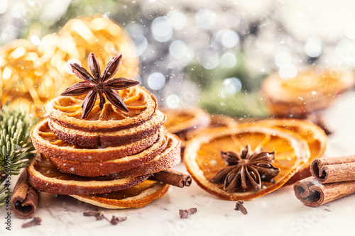 Dried orange in the shape of a Christmas tree and star anise on top