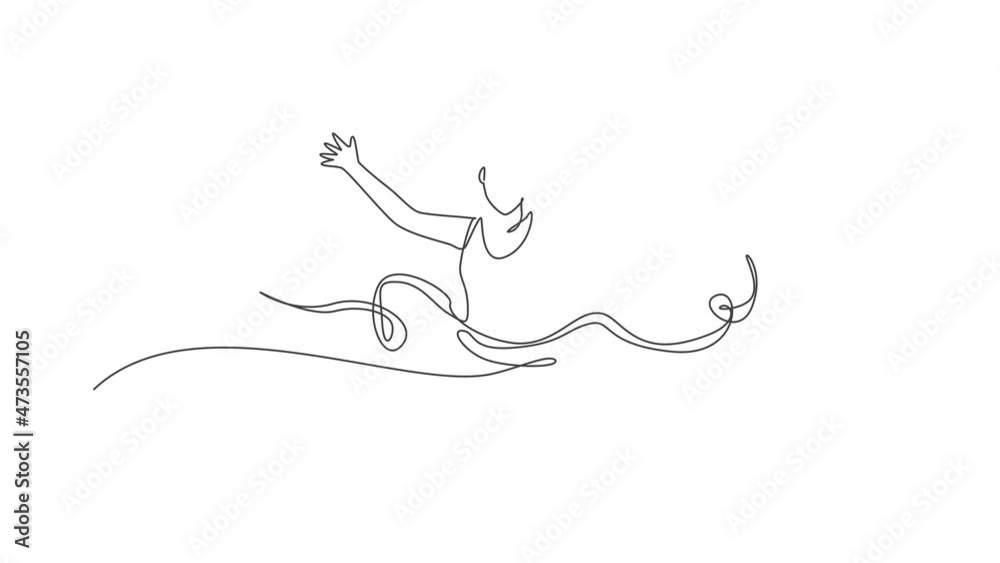 Animation of one line drawing of young happy runner woman pass finish line and hit ribbon. Healthy lifestyle and competitive sport concept. Continuous line self draw animated. Full length motion. Animation of one line drawing of young happy runner woman pass finish line and hit ribbon. Healthy lifestyle and competitive sport concept. Continuous line self draw animated. Full length motion.