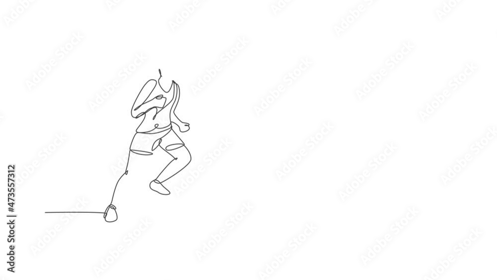 Animation of one line drawing of young energetic woman runner run relax. Individual sports, training concept. Continuous line self draw animated for running competition banner. Full length motion. Animation of one line drawing of young energetic woman runner run relax. Individual sports, training concept. Continuous line self draw animated for running competition banner. Full length motion.