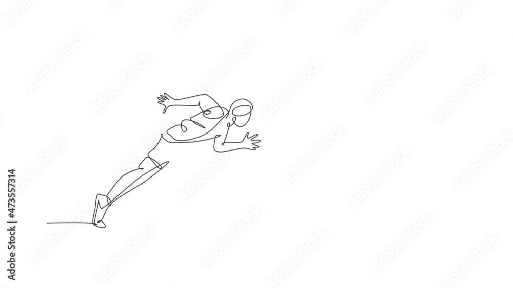 Animated self drawing of single continuous line draw young agile man runner focus to sprint run. Individual sport, competition concept. Full length one line animation for running tournament promotion. Animated self drawing of single continuous line draw young agile man runner focus to sprint run. Individual sport, competition concept. Full length one line animation for running tournament promotion.