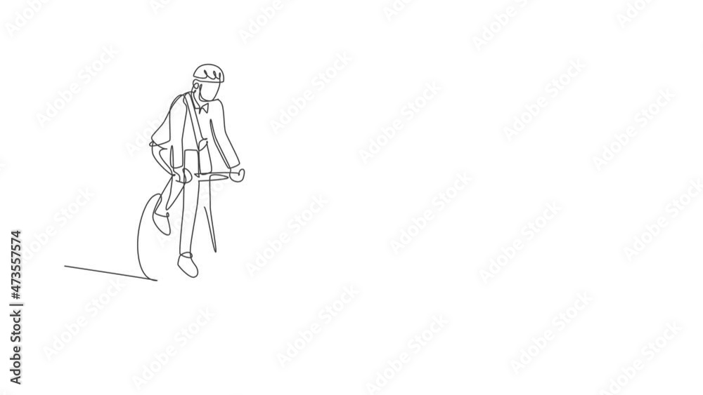 Animated self drawing of single continuous line draw young professional businessman riding bicycle to his company. Bike to work, eco friendly transportation concept. Full length one line animation.