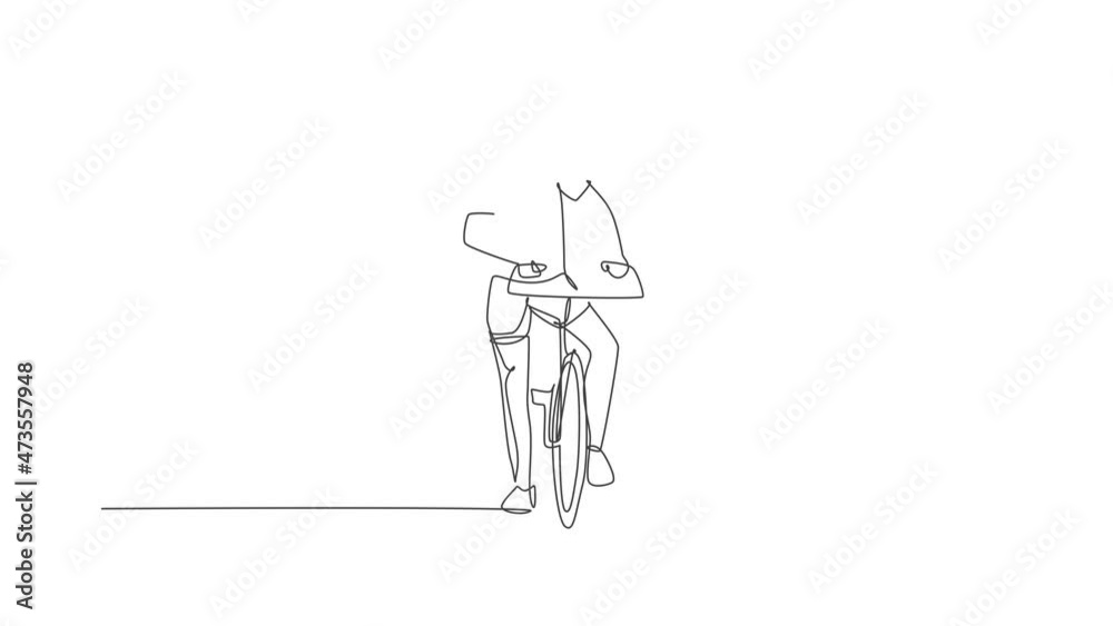 Animated self drawing of single continuous line draw young agile man cyclist pose confidently at cycling event. Sport lifestyle concept. Full length one line animation for cycling race promotion media Animated self drawing of single continuous line draw young agile man cyclist pose confidently at cycling event. Sport lifestyle concept. Full length one line animation for cycling race promotion media