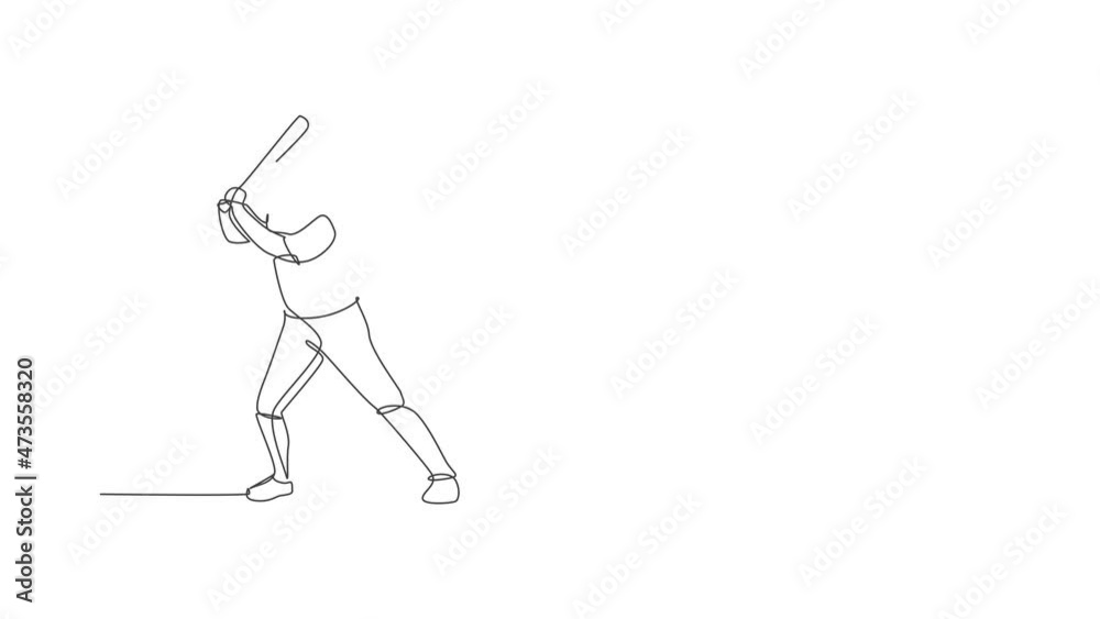 Animated self drawing of continuous line draw young agile man baseball player ready to hit the ball. Sport exercise concept. Full length one line animation illustration for baseball promotion media. Animated self drawing of continuous line draw young agile man baseball player ready to hit the ball. Sport exercise concept. Full length one line animation illustration for baseball promotion media.
