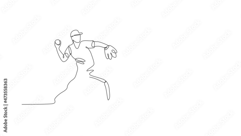 Animation of one line drawing of energetic man baseball player practice to throw the ball. Sport training concept. Continuous line self draw animated for baseball tournament banner. Full length motion